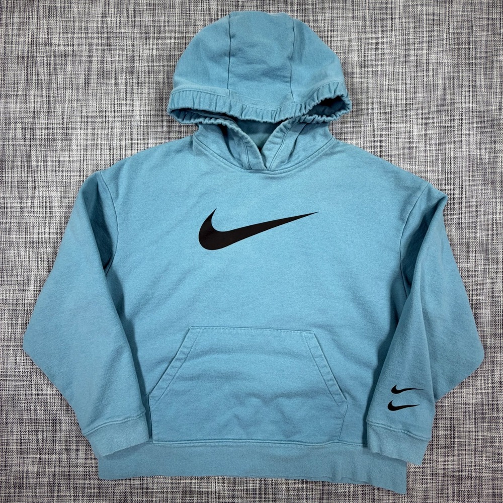 Nike Womens Swoosh Pullover Hoodie Large Blue Teal French Terry Cotton Blend